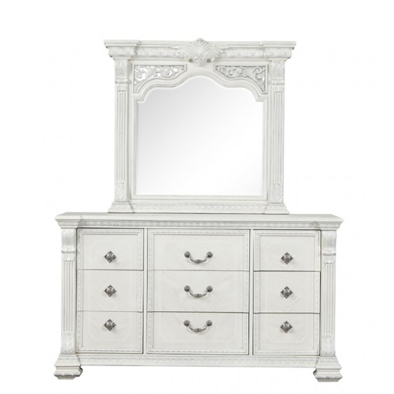 Commode 9 tiroirs avec miroir Ahnyah, Blanc