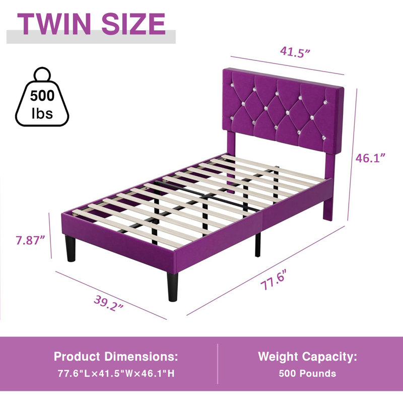 Purple Twin Size Velvet Upholstered Platform Bed Frame with Diamond Tufted Headboard, No Box Spring Needed, Twin, Purple