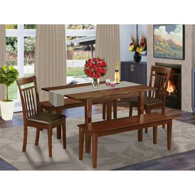 5 Piece Dining Table Set Includes a Rectangle Wooden Table with Butterfly Leaf and 2 Faux Leather Dining Chairs with 2 Benches, Mahogany
