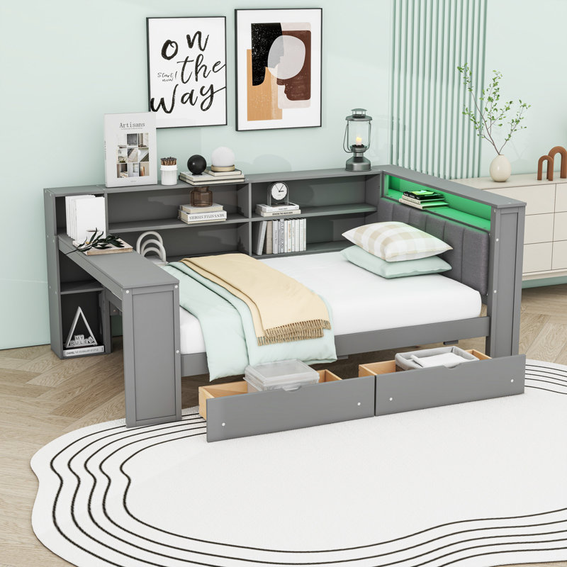 Lit plateforme en bois 2 tiroirs avec tablettes, station de charge et bureau, Gris, Complet/Double