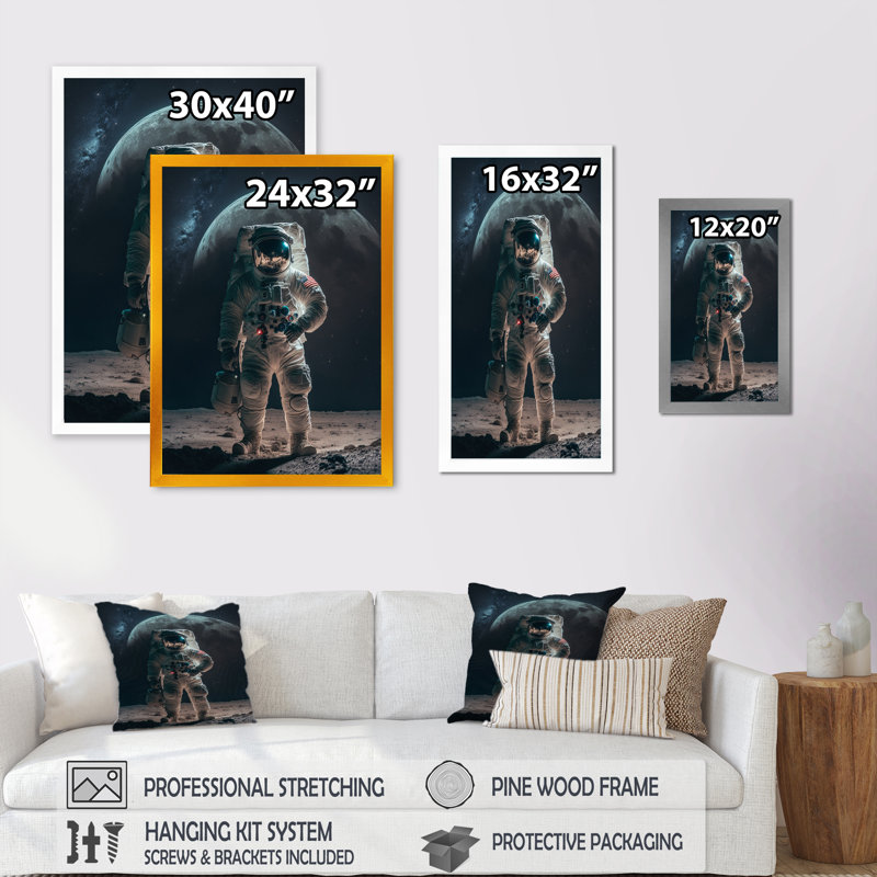 Spaceman on the Moon III - reproduction d'art sur toile, H 32 po x l 24 po x P 1 po, Cadre photo noir