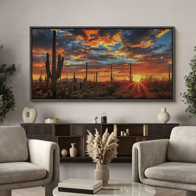 Desert Sunset with Cacti Modern Art, 30" H x 60" W, Black