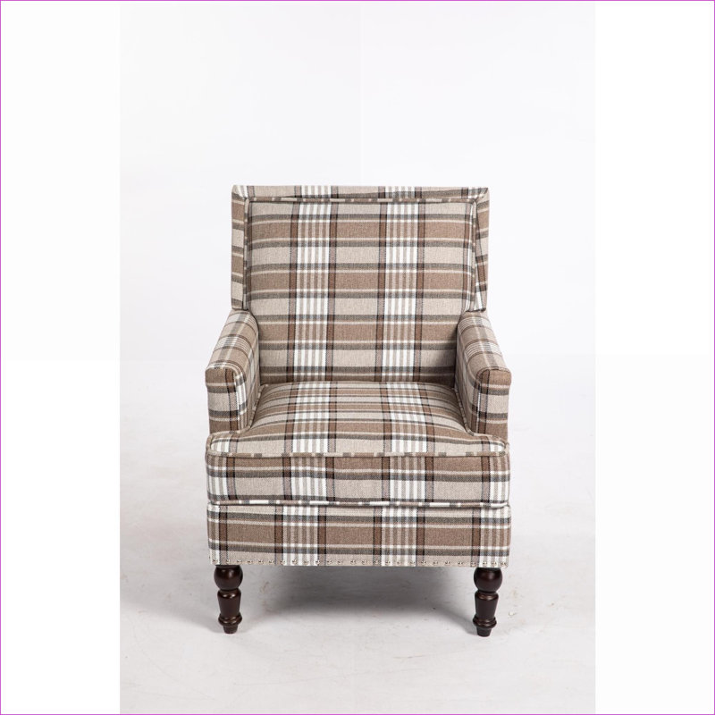Fauteuil d'appoint vintage rembourré, fauteuil en lin rayé bleu ciel et crème avec garniture cloutée pour le salon