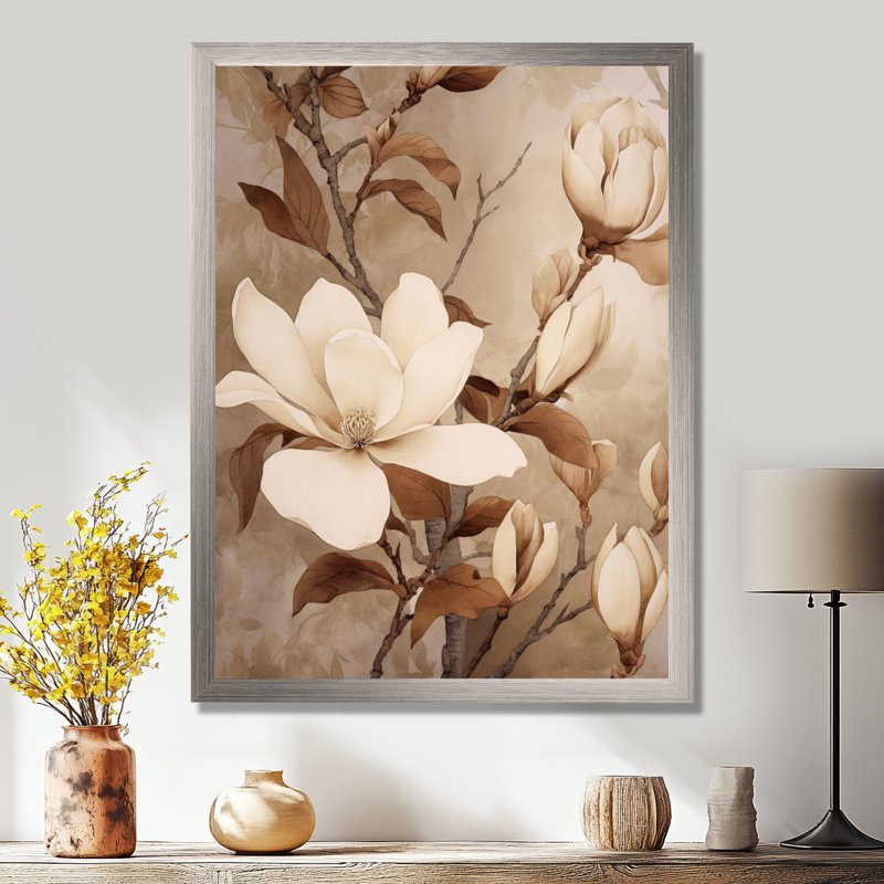 Blanc blanc brun Magnolias nature sérénité - art mural floral, H 44 po x l 34 po x P 1,5 po, Cadre simple argenté