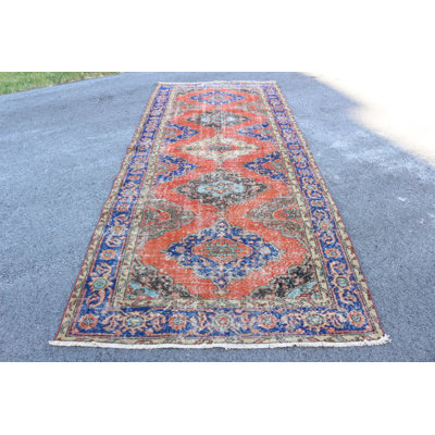 Handwoven Turkish Oushak Runner Wool Rug in Red and Blue for Bohemian Hallway Decor