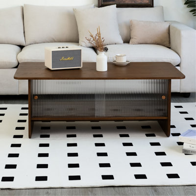 47 - Inch Rectangular Storage Coffee Table With Fluted Glass Sliding Doors For Office Brown Wood Tone, Frame, Easy To Use And In Suitable Living Room, Ample Tabletop, Structure