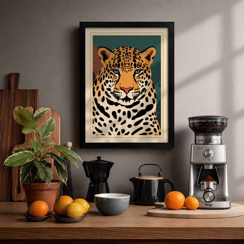 Leopard Portrait Geometric - Framed Print, A3 - 42.0 x 29.7 cm, Black