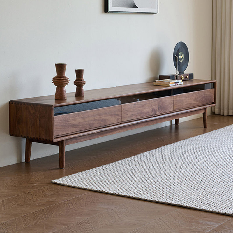 Meuble télé en bois de noyer avec trois tiroirs, H 17,71 po x L 86,61 po x l 15,75 po