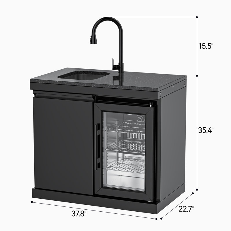 SERA Black Stainless Steel Outdoor Refrigerator Combination Cabinet with Black Granite Countertop, Sink, Wheels, 2.4 Cu. Ft. Capacity