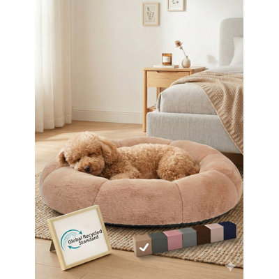 31-Inch Calming Donut Orthopedic Dog and Cat Bed for Medium-Sized Pets, Warming Comfort Design with Fluffy Short Pile Fur, Durable Waterproof Construction, Machine Washable with Removable Cover, Cute Round Bed for Puppy, Color: Camel