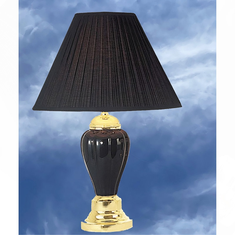 27" Tall Ceramic Table Lamp, Urn-Shaped With Black Finish, Linen Shade, Black/Gold, Black