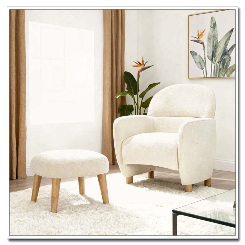 Upholstered Leisure Chair with Footrest Ottoman, White