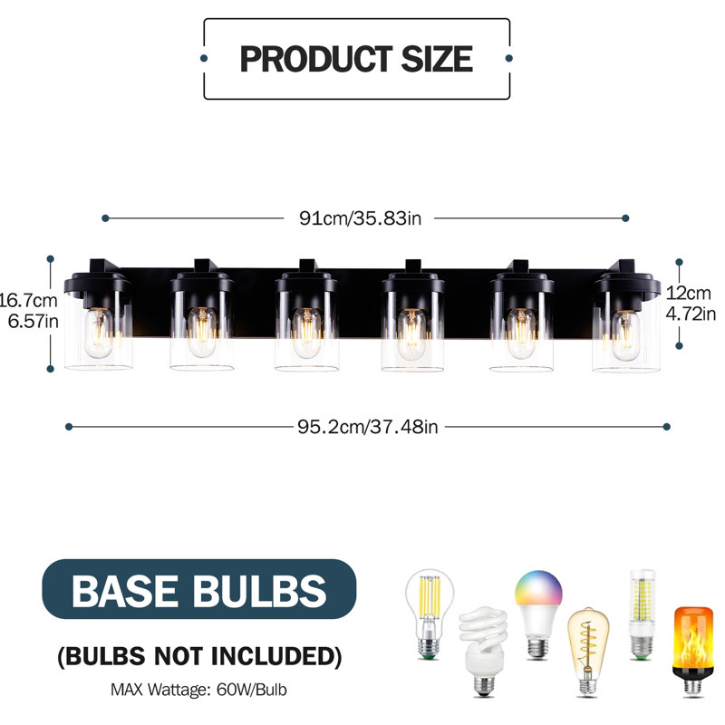 6 murs de salle de bain avec finition noire mate et abat-jour en verre transparent, facile à installer dans la chambre à coucher avec douilles modernes E26, pour le salon