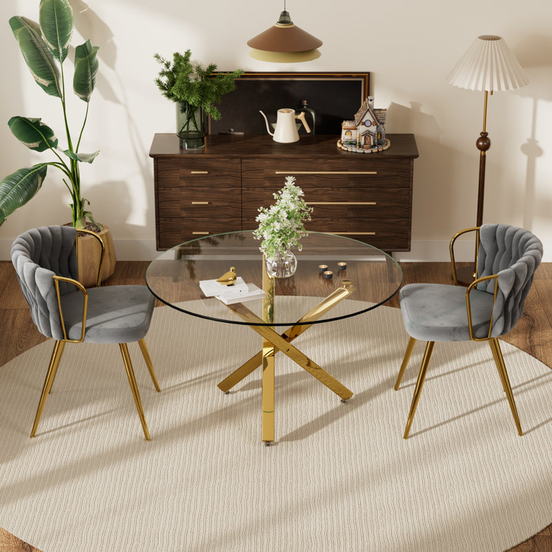 Round Restaurant Dining Set, 3 Pieces: Table, 2 Chairs, Gray, Gold