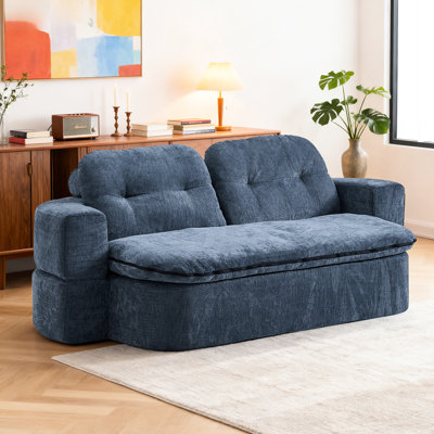Modern Convertible Floor Bed With 2 Pillows, Dark Blue Linen Corduroy Fabric, Foam-filled, No Assembly Required, Instant Transformation, High Support, Hidden Quilt, Space, Ergonomic Curved Design For
