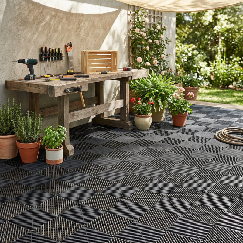 Carreaux de plancher de garage 25 pièces, 15,6 po X 15,6 po Tapis en plastique anti-dérapant en plastique Drainage, Noir