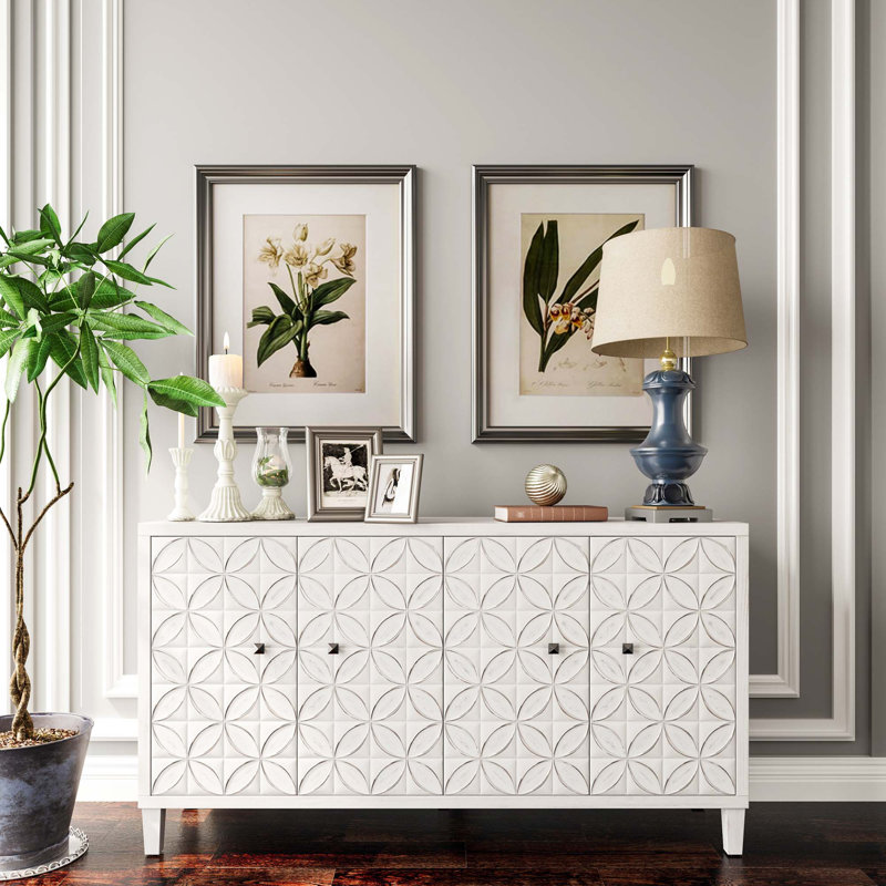 Accent Cabinet 4 Door Wooden Cabinet, White Washed