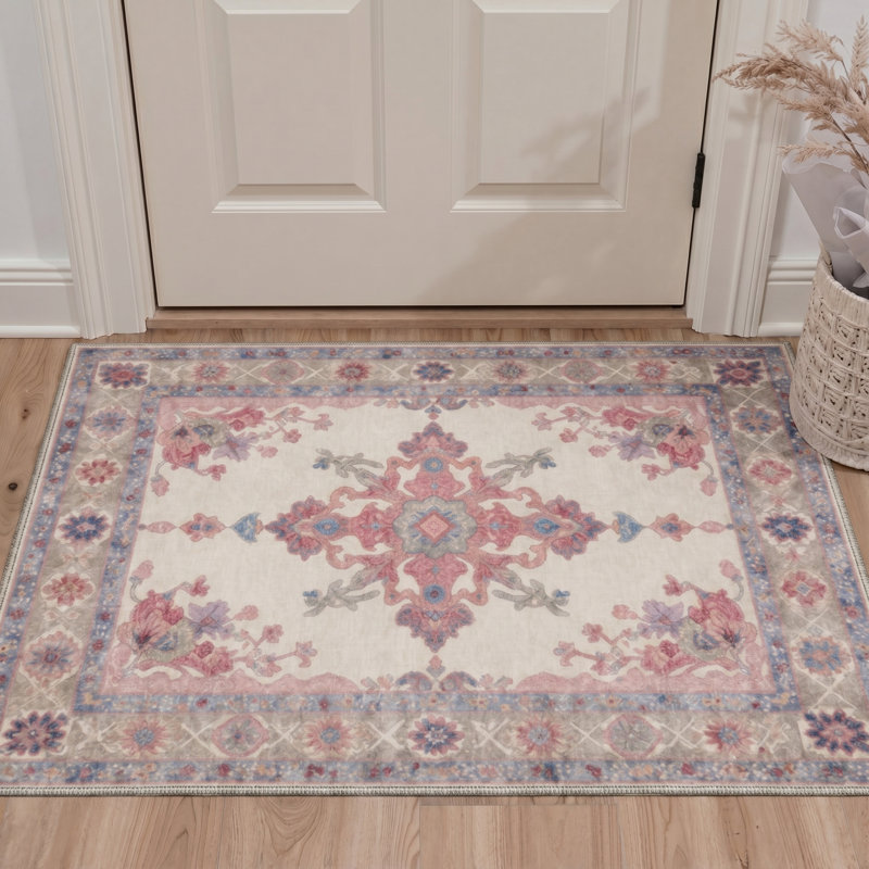 Tapis d'intérieur bleu / rose / beige à motif floral lavable à la machine Bloomfield, Rectangle 5' x 7'