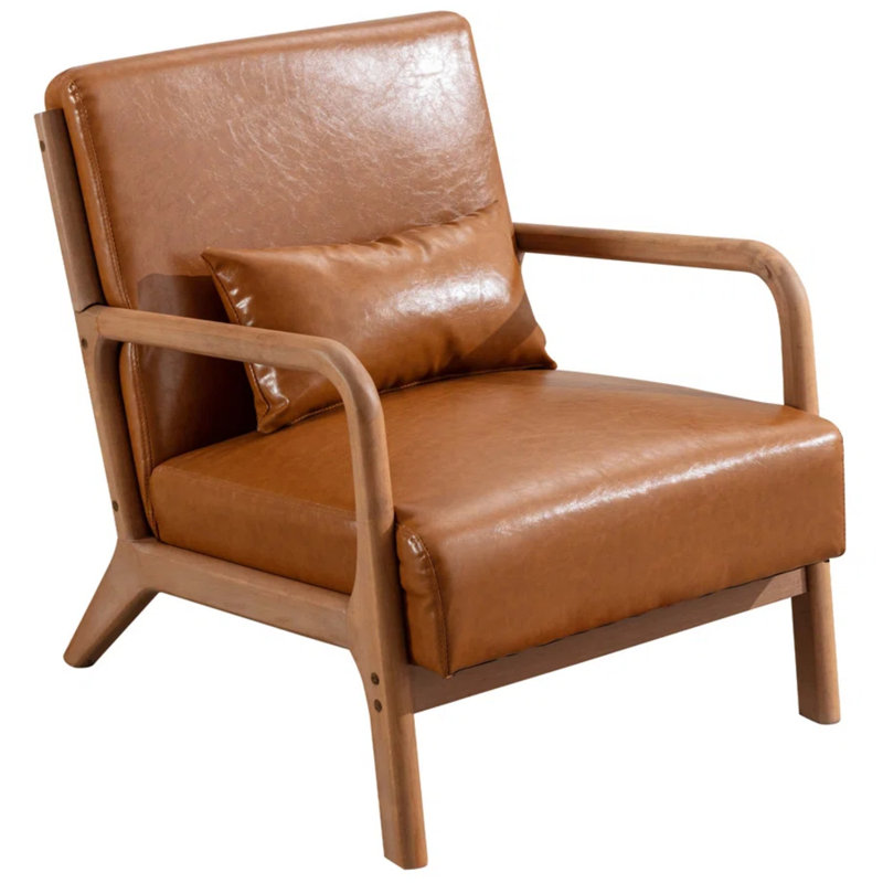 Solid Wood Accent Chair with Lumbar Pillow & Toss Cushion, Linen-Blend Armchair with Square Arms, Mid-Century Lounge Chair for Living Room & Bedroom