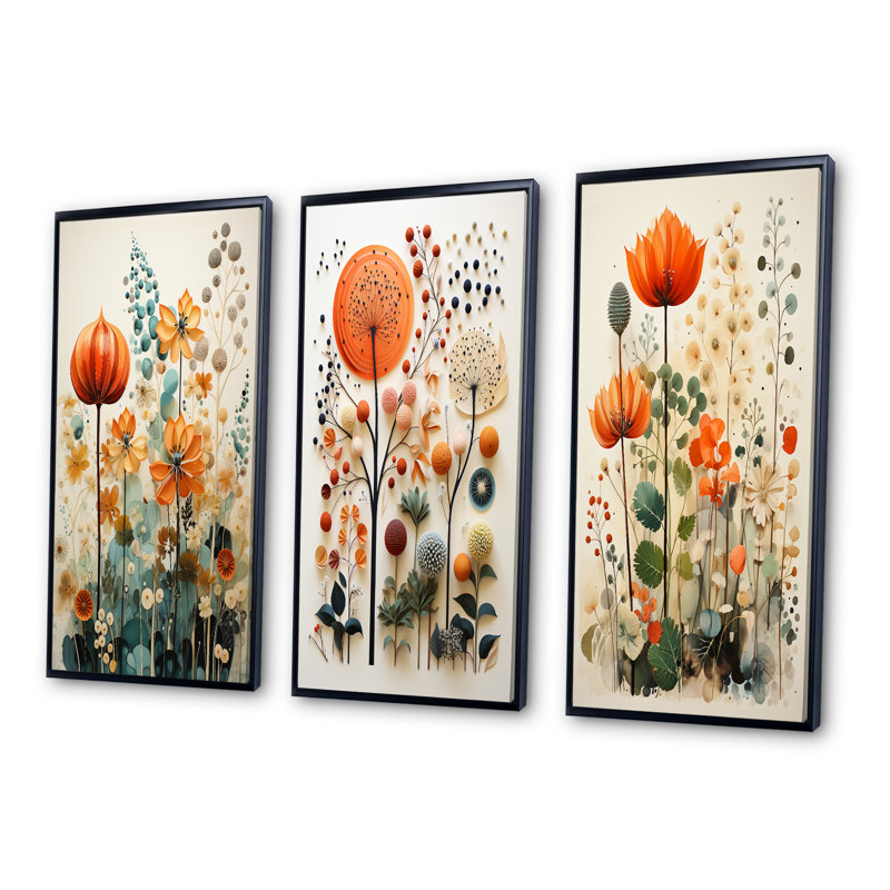 3 pièces sur toile - Botanicals Mid-Century colorés Mid-Century, Cadre flottant noir, H 40 po x l 60 po