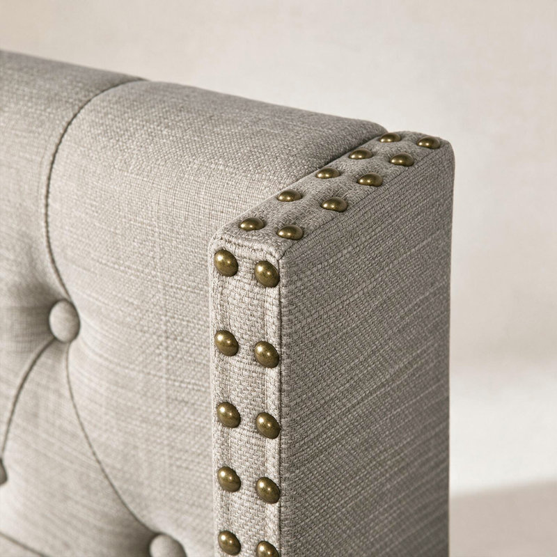 Tufted Wingback Upholstered Headboard with Nailhead Trim, Linen-Linen, Queen