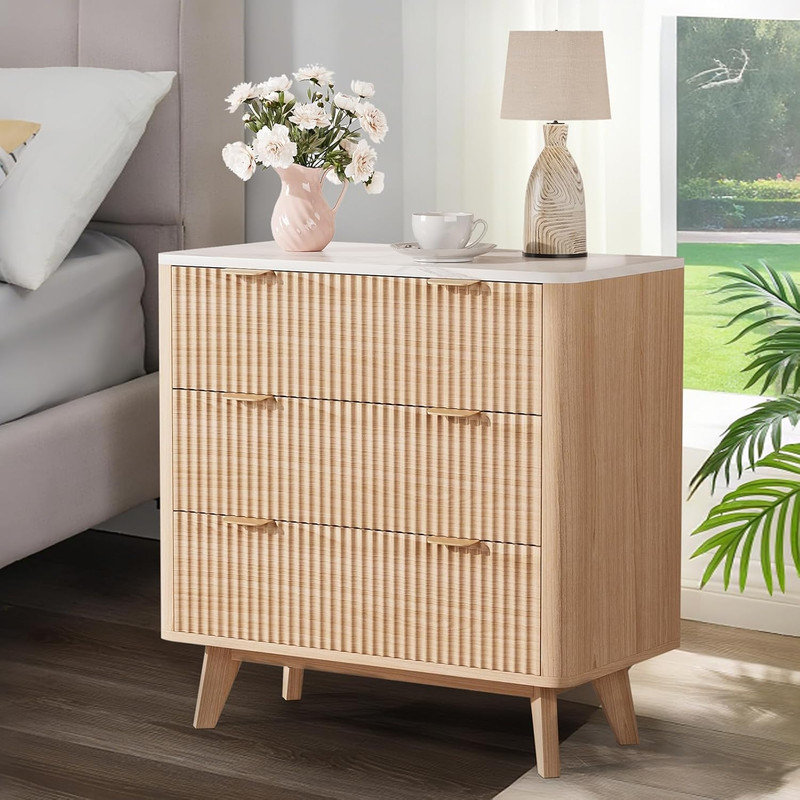 Modern Fluted Nightstand with Faux Marble Top & 3 Drawers, Mid-Century Bedside Table with Curved Profile for Bedroom, Living Room, Hallway, Entryway