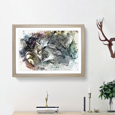 Cat Licking its Paw in Abstract - Picture Frame Graphic Art Print