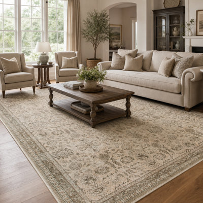 Watte Vintage Floral Border Area Rug, Non-Slip, Washable Beige for Living Room & Bedroom