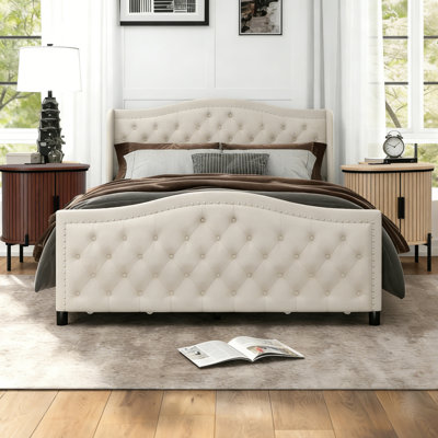 Kassaia Velvet Upholstered Metal Nail Trim Platform Bed with Tufted Headboard and 4 Drawers