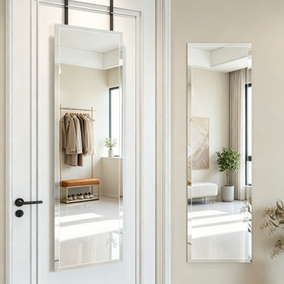 Miroir de porte pleine longueur biseauté sans cadre, miroir mural pleine grandeur de 48 po x 14 po avec barres de support en métal renforcé, verre de sécurité transparent HD pour chambre à coucher, salon, vestiaire