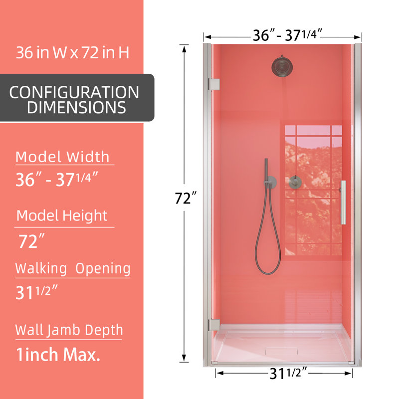 36'' - 37 1/4'' W x 72'' H Frameless Panel Pivot Swing Shower Doors Tempered Glass Bathroom Door with Handle, Left Opening