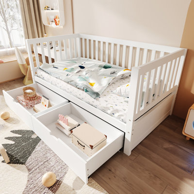 Lit convertible pour tout-petits en bois massif 3in1 Evolve avec tiroirs de rangement et garde-corps amovibles