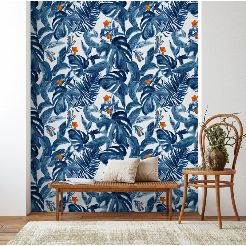 Papier peint feuilles bleues tropicales bleues avec fleurs orange, L 75 po x l 112 po