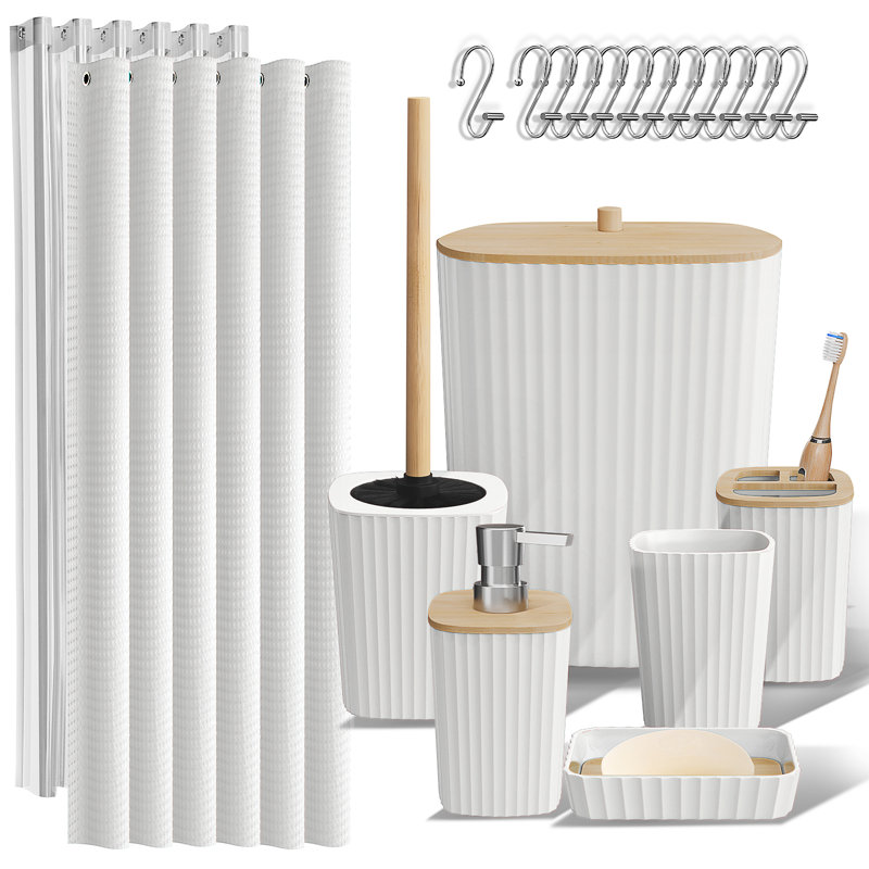 Ensemble complet d'accessoires de salle de bain 20 pièces avec rideau de douche, doublure et crochets, Blanc
