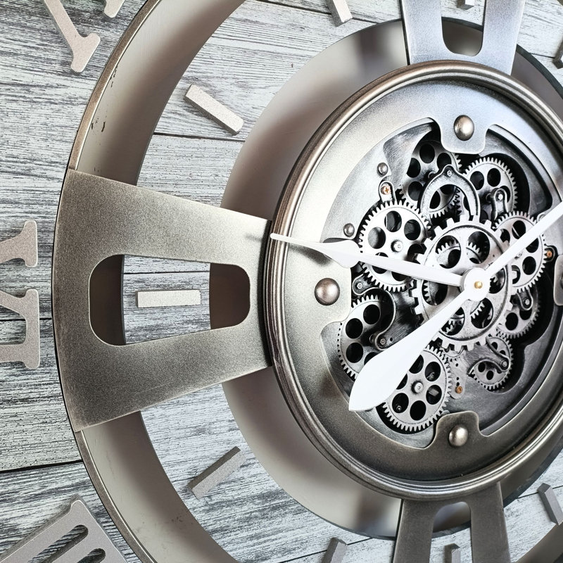 Oversized Silver Grey Wall Clock with Real Moving Gears