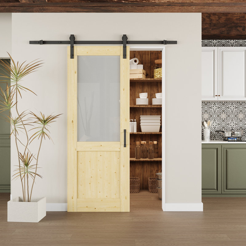 Solid Pine And Frosted Glass Sliding Barn Door With Installation Hardware Kit(No Assembly Required), 28" x 80"