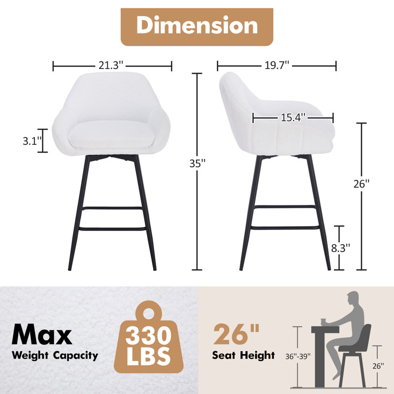 Ensemble de 2 tabourets de bar pivotants de 26 po de hauteur avec dossier et accoudoirs, tissu Sherpa rembourré, pieds en métal, siège double couche - blanc