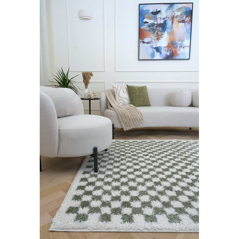 Moodi Modern Shaggy Area Rug Checkered Design, Off-White/Green, Rectangle 200 x 290 cm