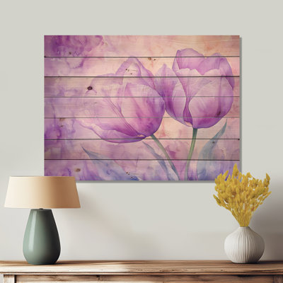 Radiant fleur de tulipe mauve I - Art mural traditionnel sur bois de pin naturel