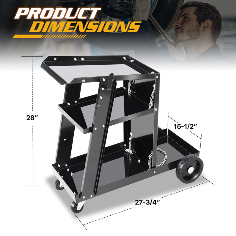 27.75" Heavy-Duty Welding Cart Safety Chains 3-Layer Storage 100 Lb Capacity 360° Swivel Wheels