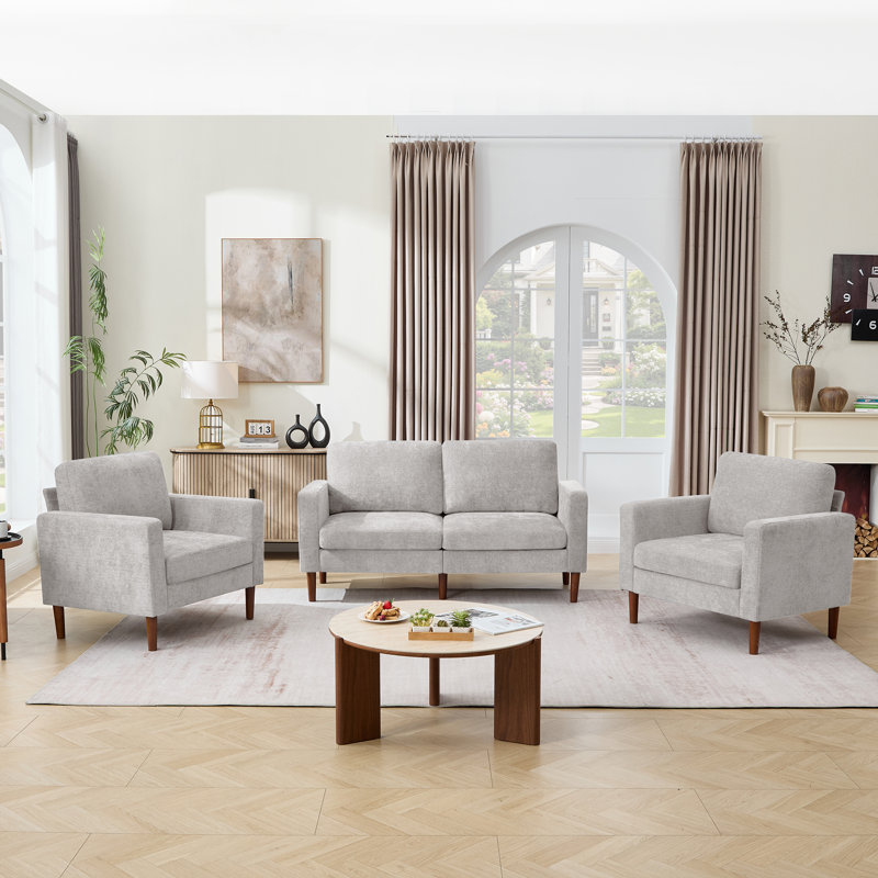 Modern 2 Accent Chairs And Loveseat Living Room Set, Mid-Century Upholstered Furniture, Silver Gray Chenille