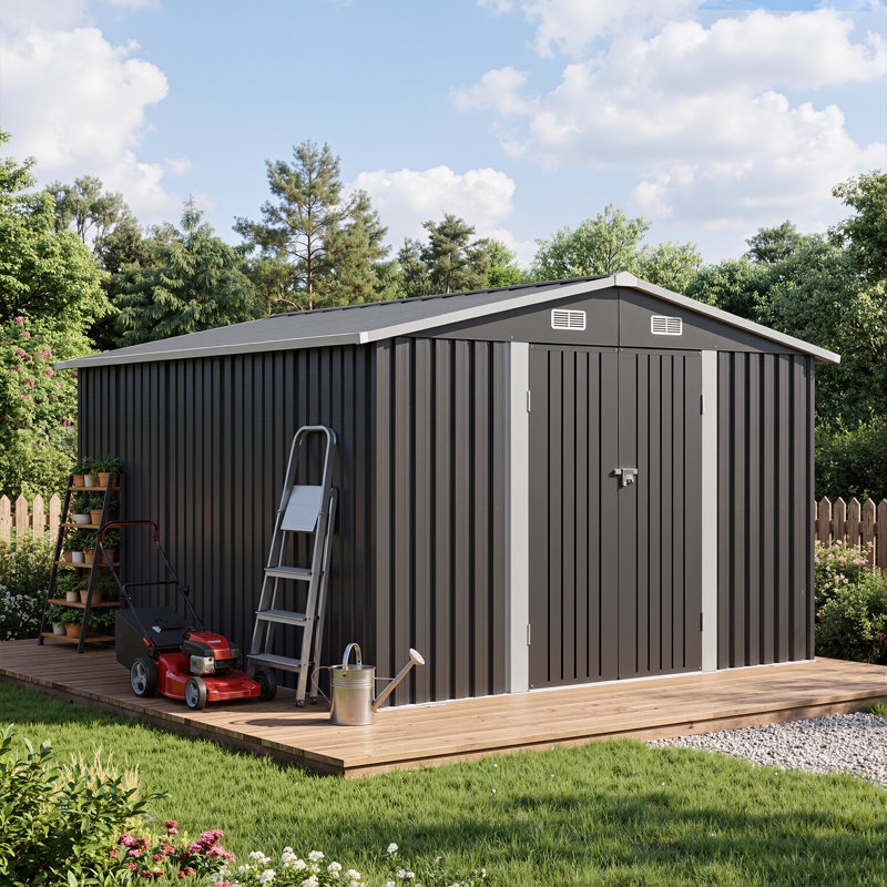 10 ft. W x 12 ft. D Outdoor Metal Storage Shed With Floor And Double Doors, Black