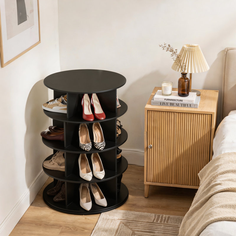 Étagère à chaussures rotative à 4 niveaux, présentoir à chaussures tournant 360 °, carrousel rond rotatif, range-chaussures vertical et sac à main