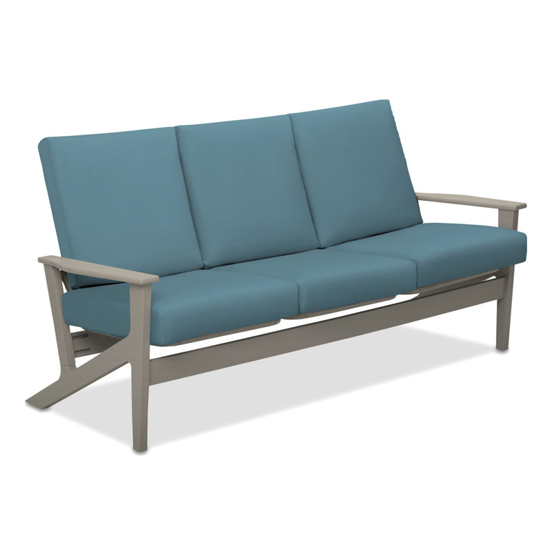Chrisa 74.5'' Wide Patio Sofa with Cushions, Warm Gray, Mineral Blue