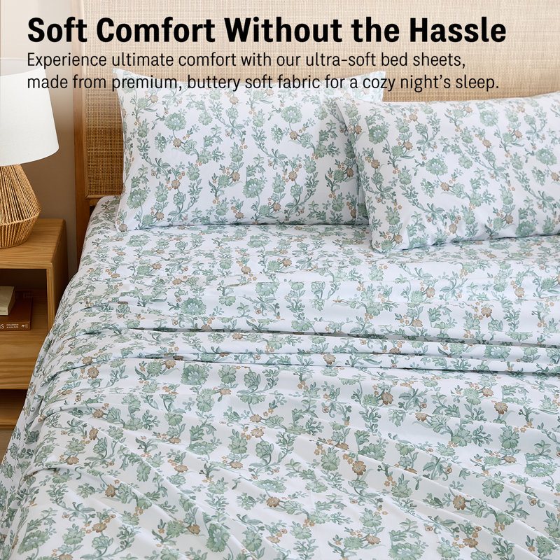 Ensemble de draps HLC.ME Ditsy, Ensemble de draps pour lit simple avec 1 taie d'or, Vert