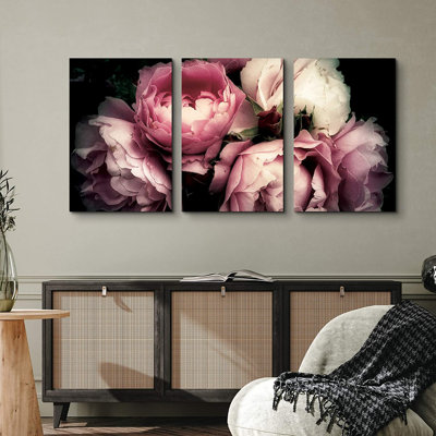 “Flower Blossom”, rose, peony, bouquet, floral images, large framed canvas print, 3 pieces