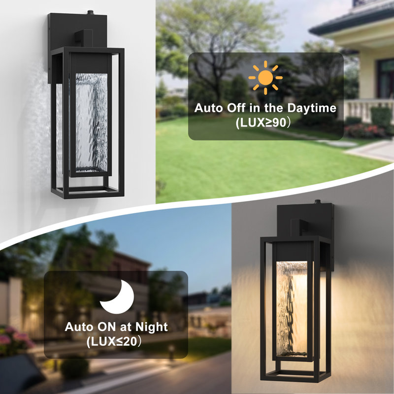 1 - Light 15''H Dimmable Led Black Iron and Water Ripple Glass Outdoor Wall Light with  Dusk to Dawn, 15" H x 5.31" W x 5" D