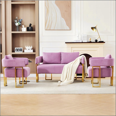 Luxueux fauteuil rembourré en molleton avec pieds en métal doré, pour les salons et les aires de repos, sans roulettes.