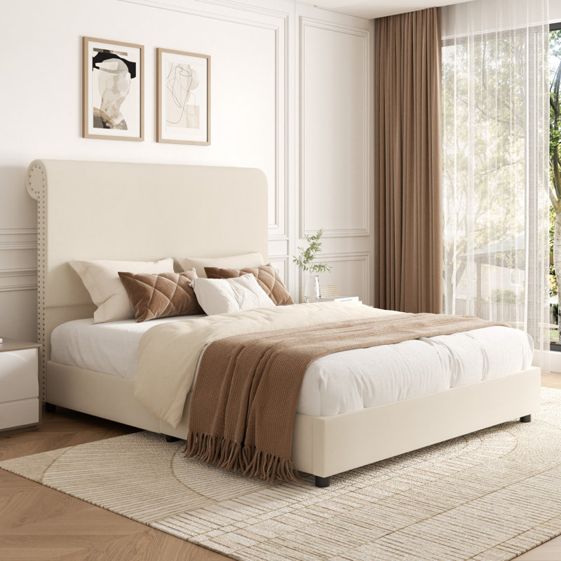 Upholstered Sleigh Platform Bed with Nailhead Trim Headboard, Beige, Queen