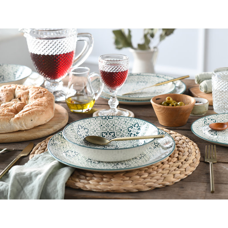 Yara 12 Piece Dinnerware Set - Service for 4, White/Green